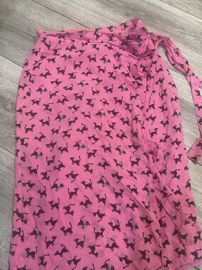 Vintage Cacharel Pink Black Silk Cat Print Wrap Skirt Size S